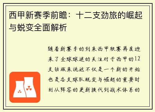 西甲新赛季前瞻：十二支劲旅的崛起与蜕变全面解析